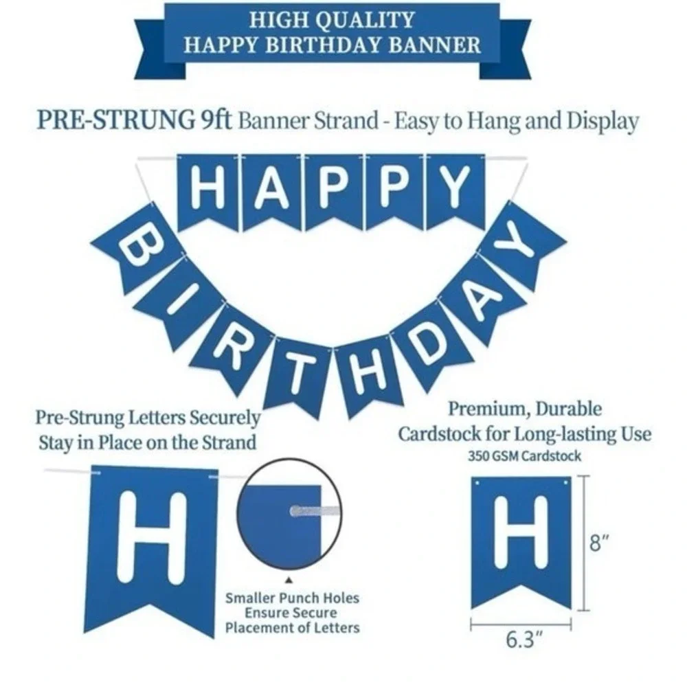 NEW‎ 17-piece navy blue and white Happy Birthday party decorations.